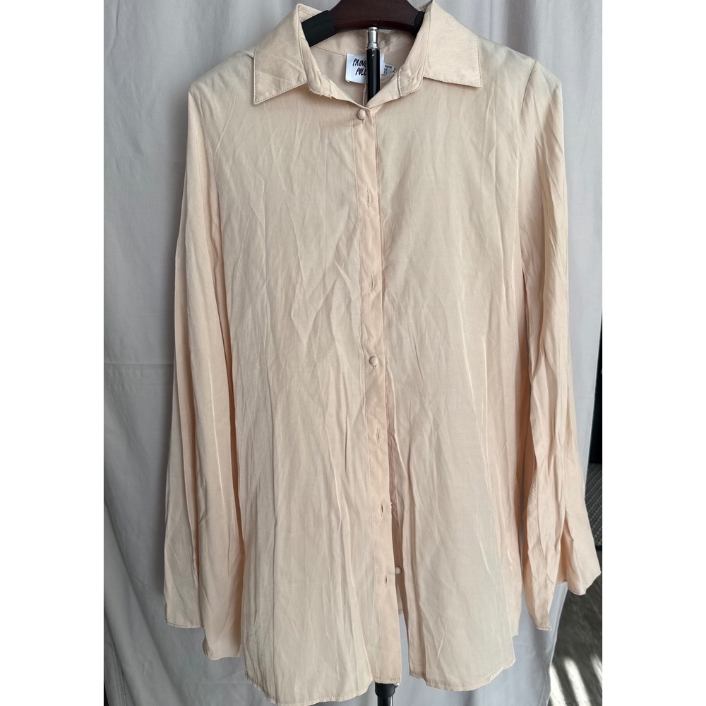 Princess Polly Champagne Satin Mini Dress Button Front Long Sleeve Flared Cuffs‎